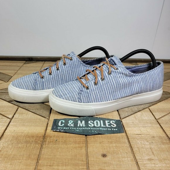Womens Sperry Size 11M Blue & White Stripes Shoes Leather Laces Classic STS84275 - Picture 2 of 10